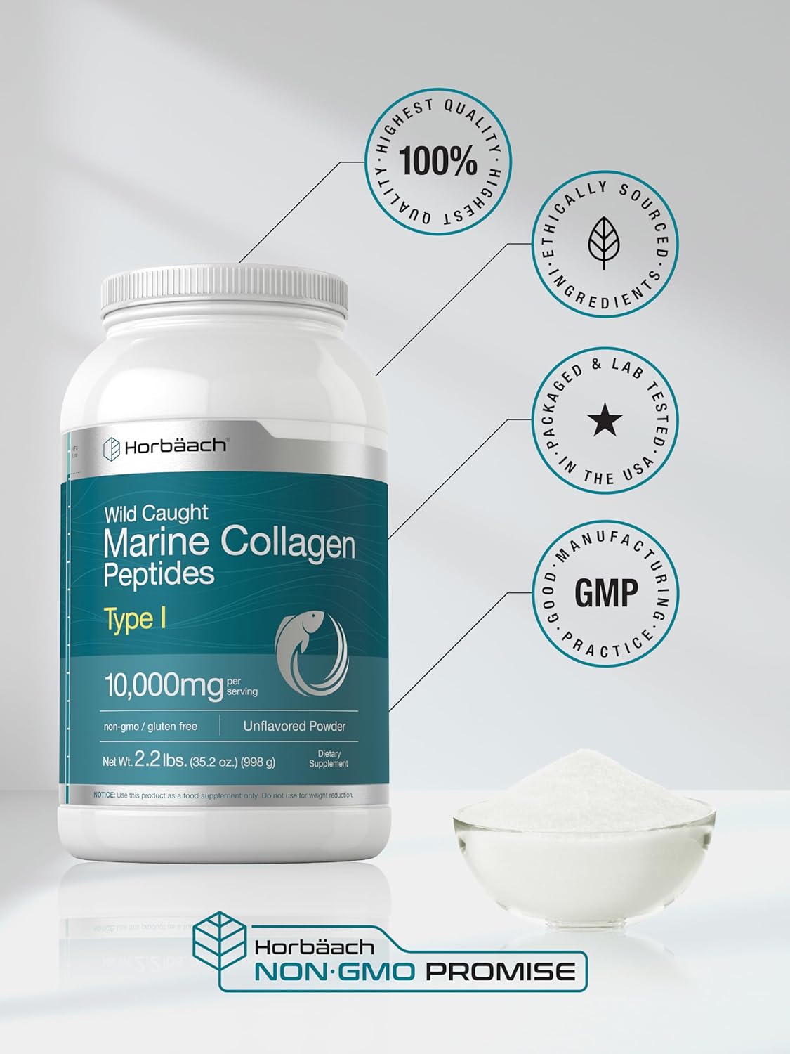 2.2 lbs Horbäach Marine Collagen Powder - Hydrolyzed Peptides for Keto, Paleo Diet - Unflavored Non-GMO Gluten Free