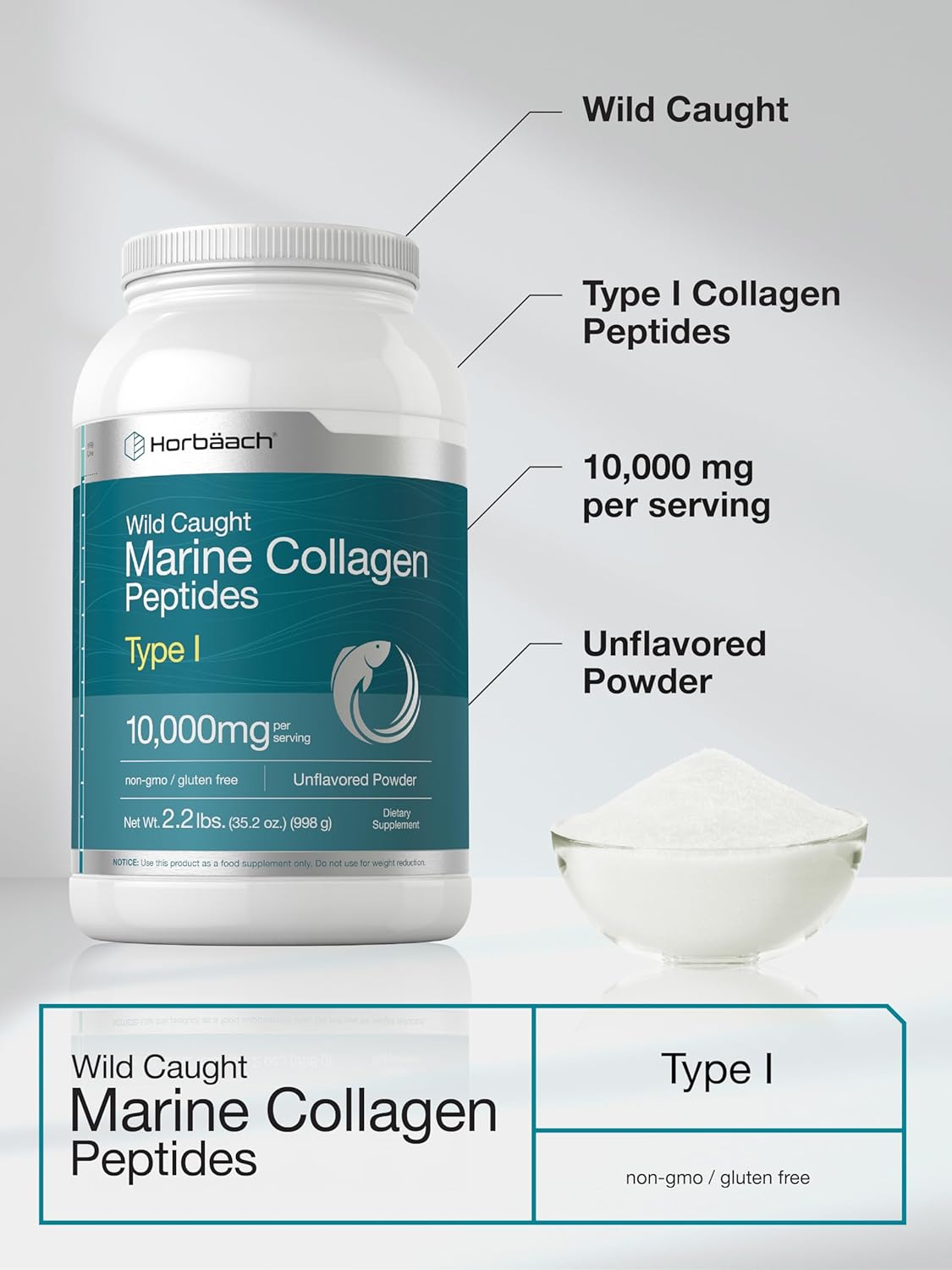 2.2 lbs Horbäach Marine Collagen Powder - Hydrolyzed Peptides for Keto, Paleo Diet - Unflavored Non-GMO Gluten Free