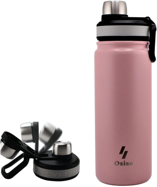 22 oz Insulated Stainless Steel Sport Water Bottle with Flip Top Cap and Spout Lid by Ozizo - BPA Free and Leakproof