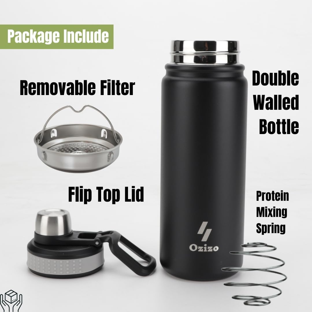 22 oz Stainless Steel Protein Shaker Bottle with Filter and Mixing Ball by Ozizo