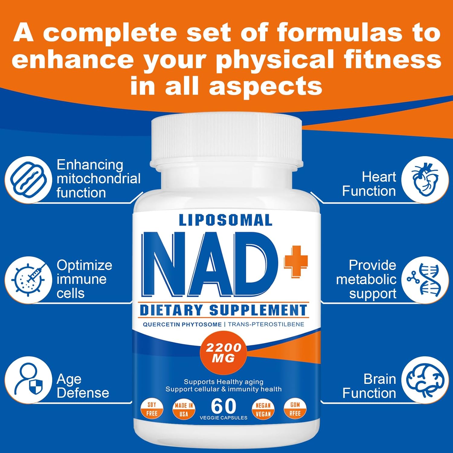 2200mg Liposomal NAD+ Supplement for Cellular Energy & Aging Defense - 180 Capsules