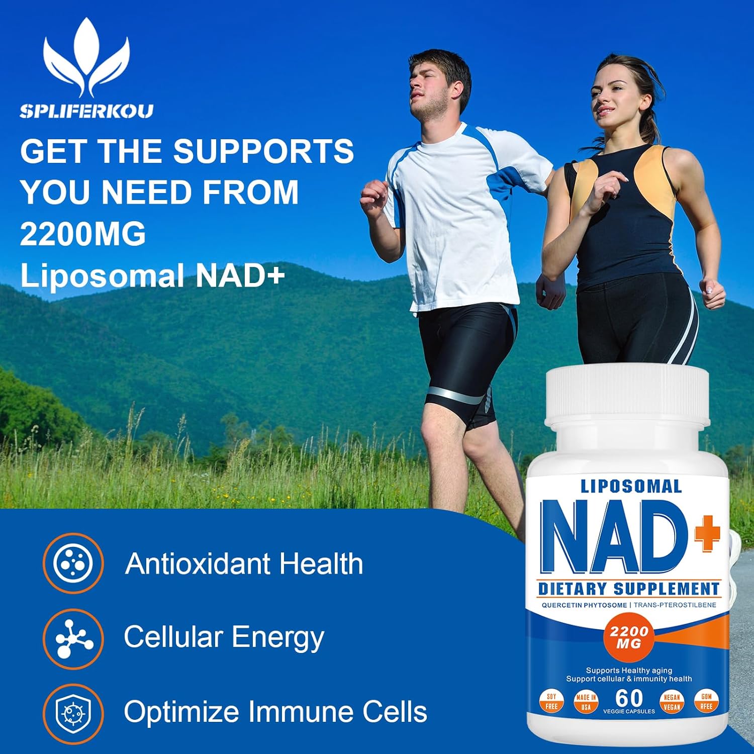 2200mg Liposomal NAD+ Supplement for Cellular Energy & Aging Defense - 180 Capsules