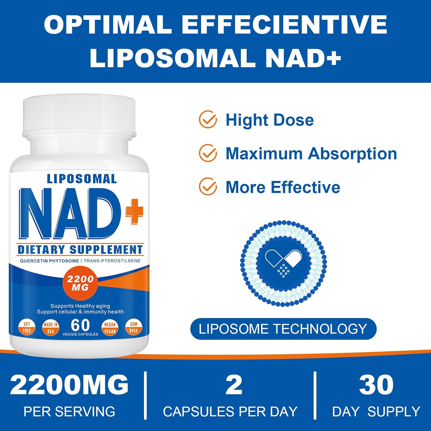 2200mg Liposomal NAD+ Supplement for Cellular Energy & Aging Defense - 180 Capsules