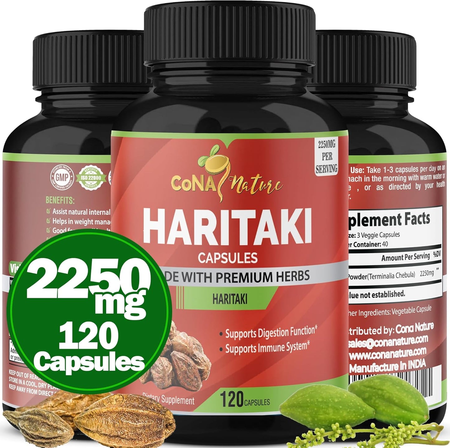 2250MG Cona Nature Organic India Haritaki Capsules for Rejuvenation and Digestive Health - 120 Count Vegan Gluten-Free Supplement
