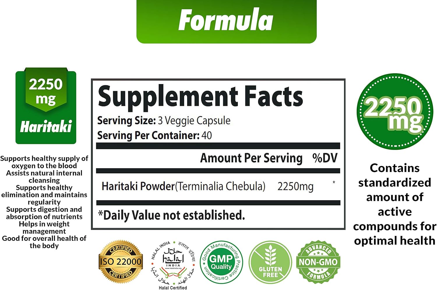 2250MG Cona Nature Organic India Haritaki Capsules for Rejuvenation and Digestive Health - 120 Count Vegan Gluten-Free Supplement