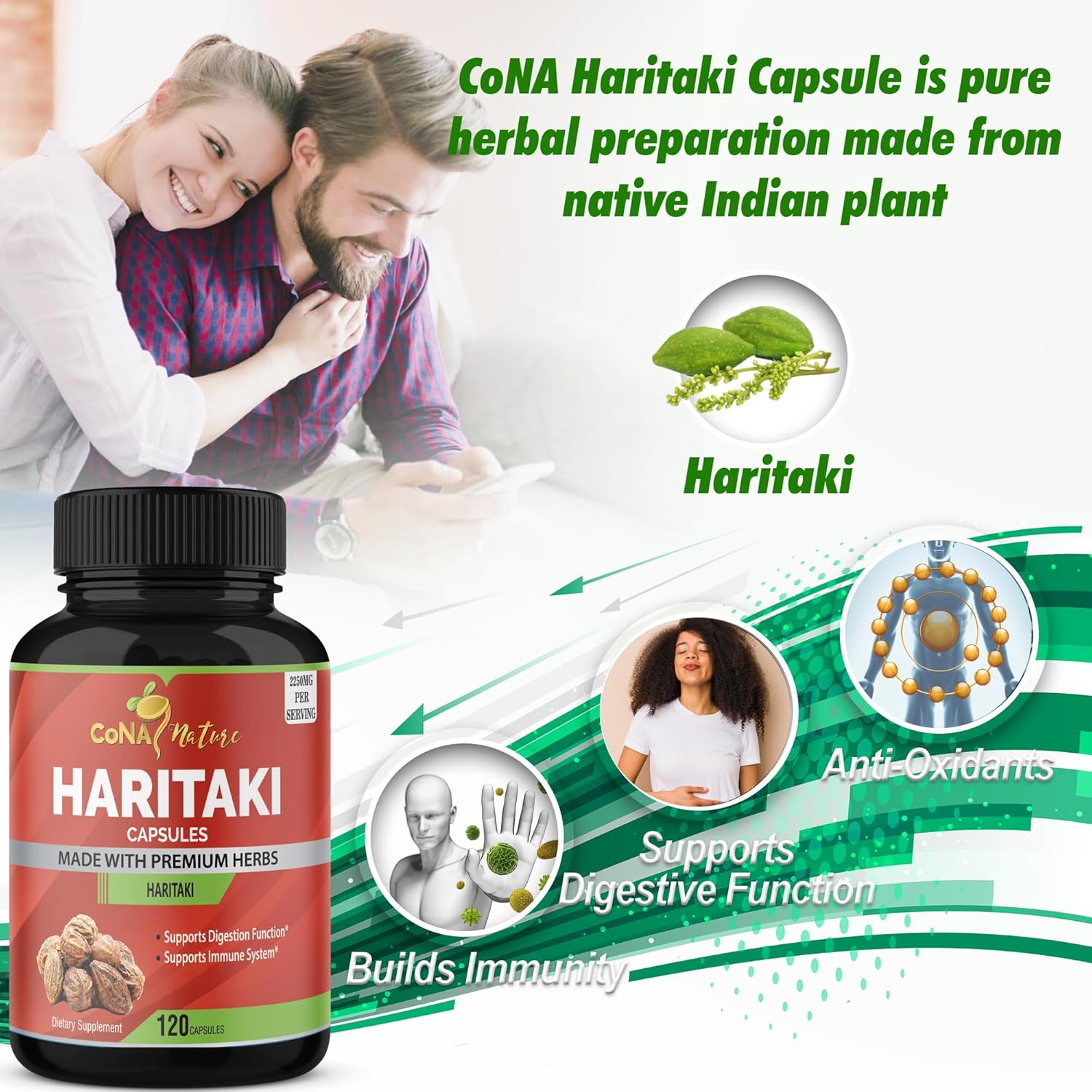 2250MG Cona Nature Organic India Haritaki Capsules for Rejuvenation and Digestive Health - 120 Count Vegan Gluten-Free Supplement