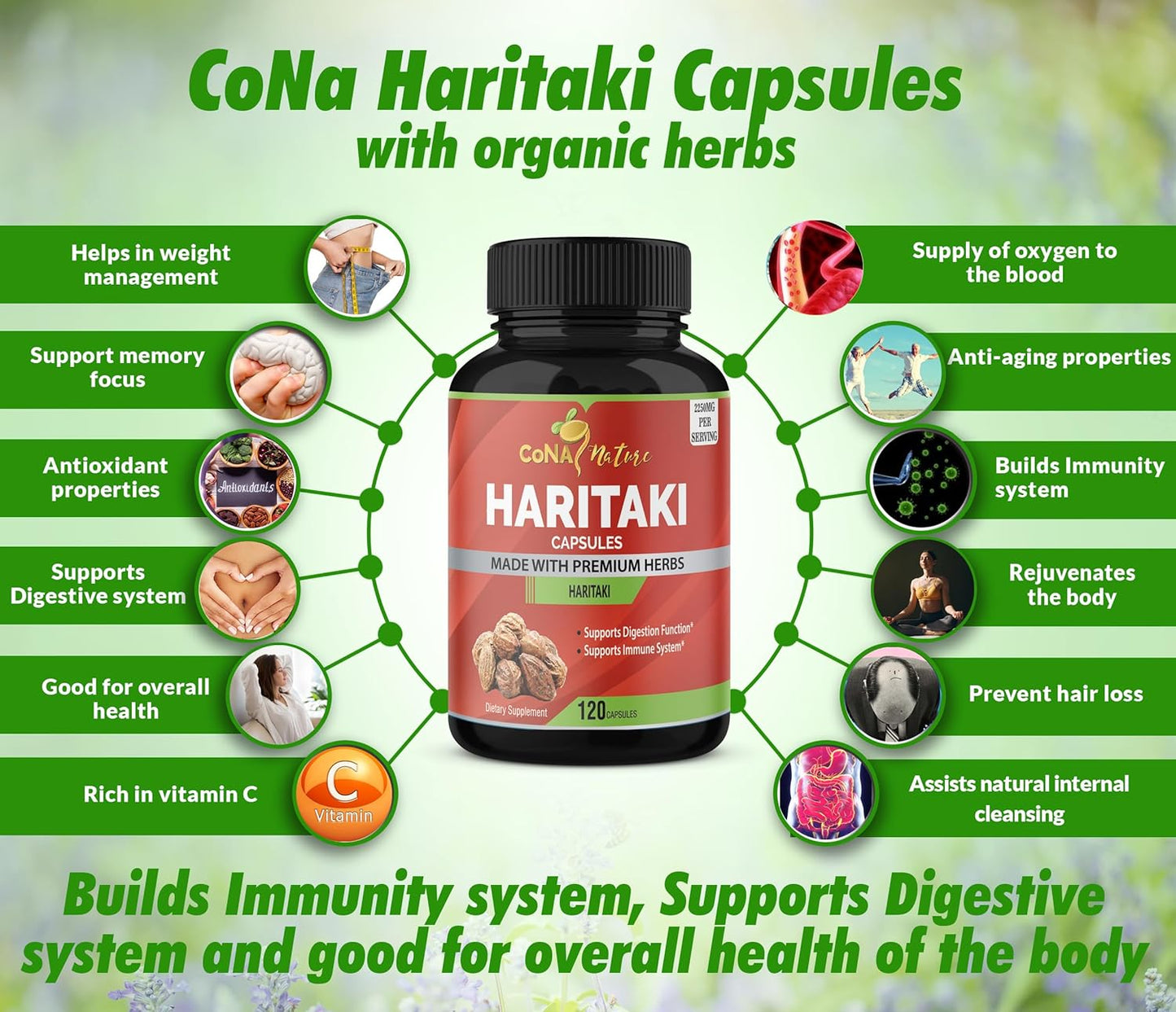 2250MG Cona Nature Organic India Haritaki Capsules for Rejuvenation and Digestive Health - 120 Count Vegan Gluten-Free Supplement