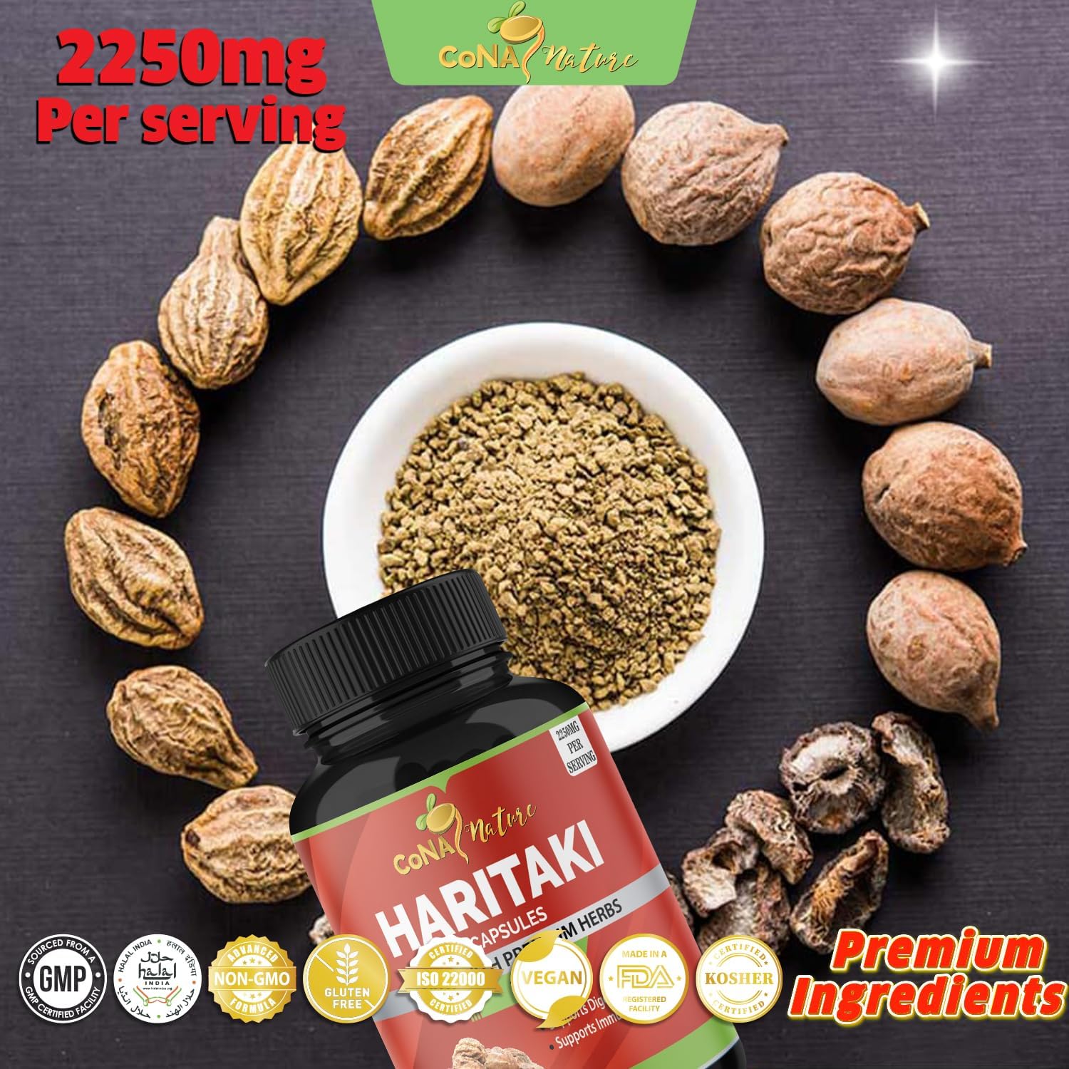 2250MG Cona Nature Organic India Haritaki Capsules for Rejuvenation and Digestive Health - 120 Count Vegan Gluten-Free Supplement