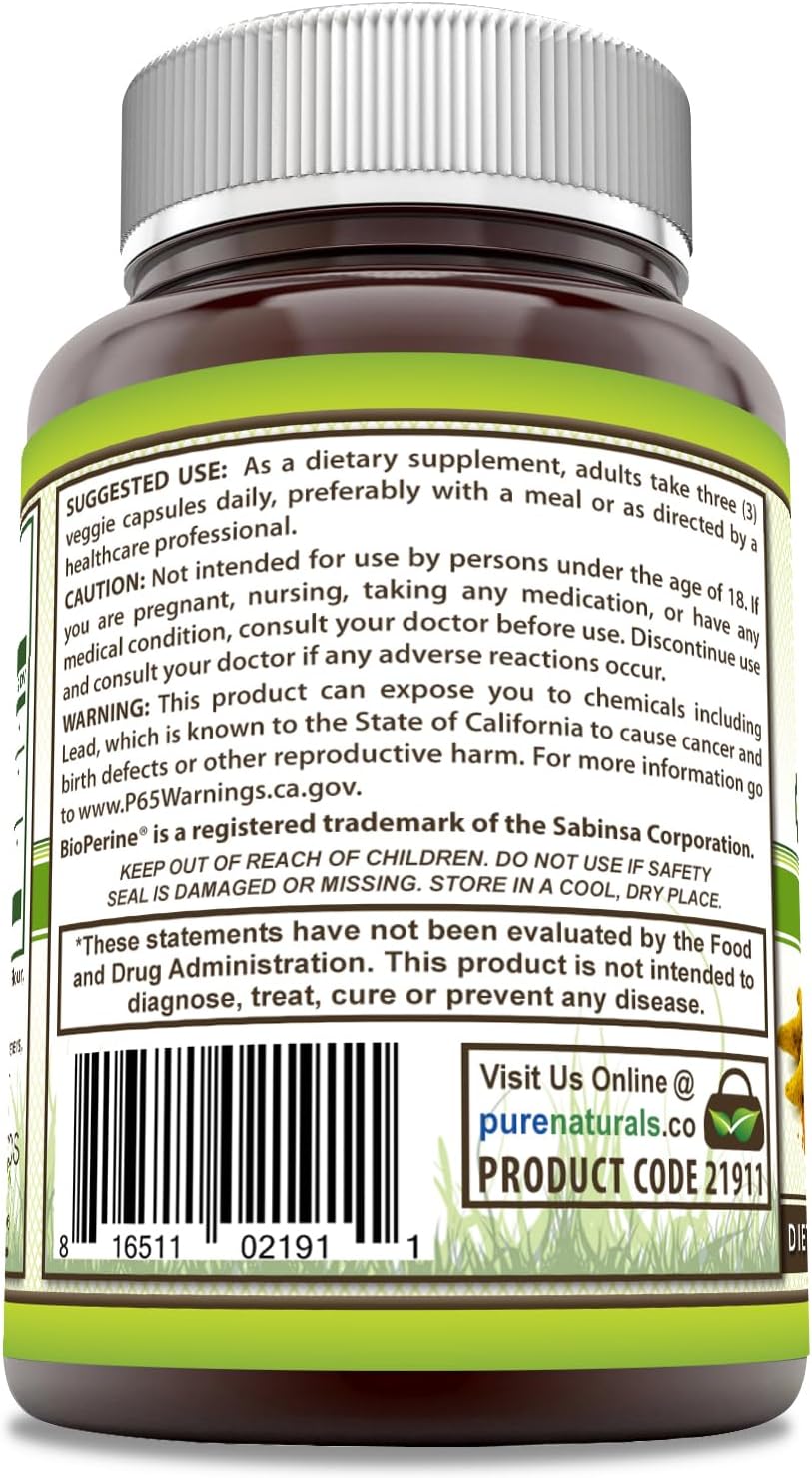 2250mg Pure Naturals Turmeric Curcumin with Bioperine Supplement - 180 Veggie Capsules - Non-GMO & Gluten Free - Made in USA