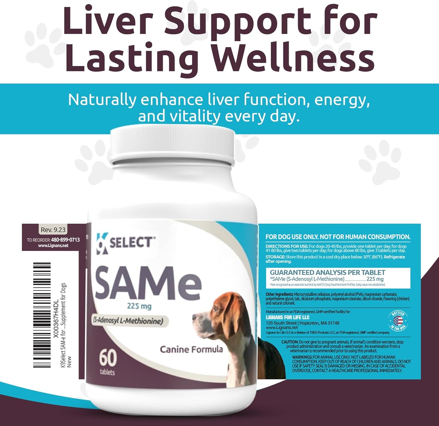 225mg SAM-e Liver Supplement for Medium & Large Dogs - Cognitive & Joint Health Nutrition - 60 Tablets - S-Adenosyl-L-Methionine Dog Liver Support