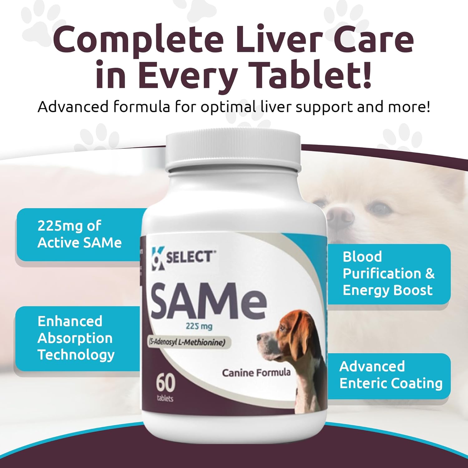 225mg SAM-e Liver Supplement for Medium & Large Dogs - Cognitive & Joint Health Nutrition - 60 Tablets - S-Adenosyl-L-Methionine Dog Liver Support