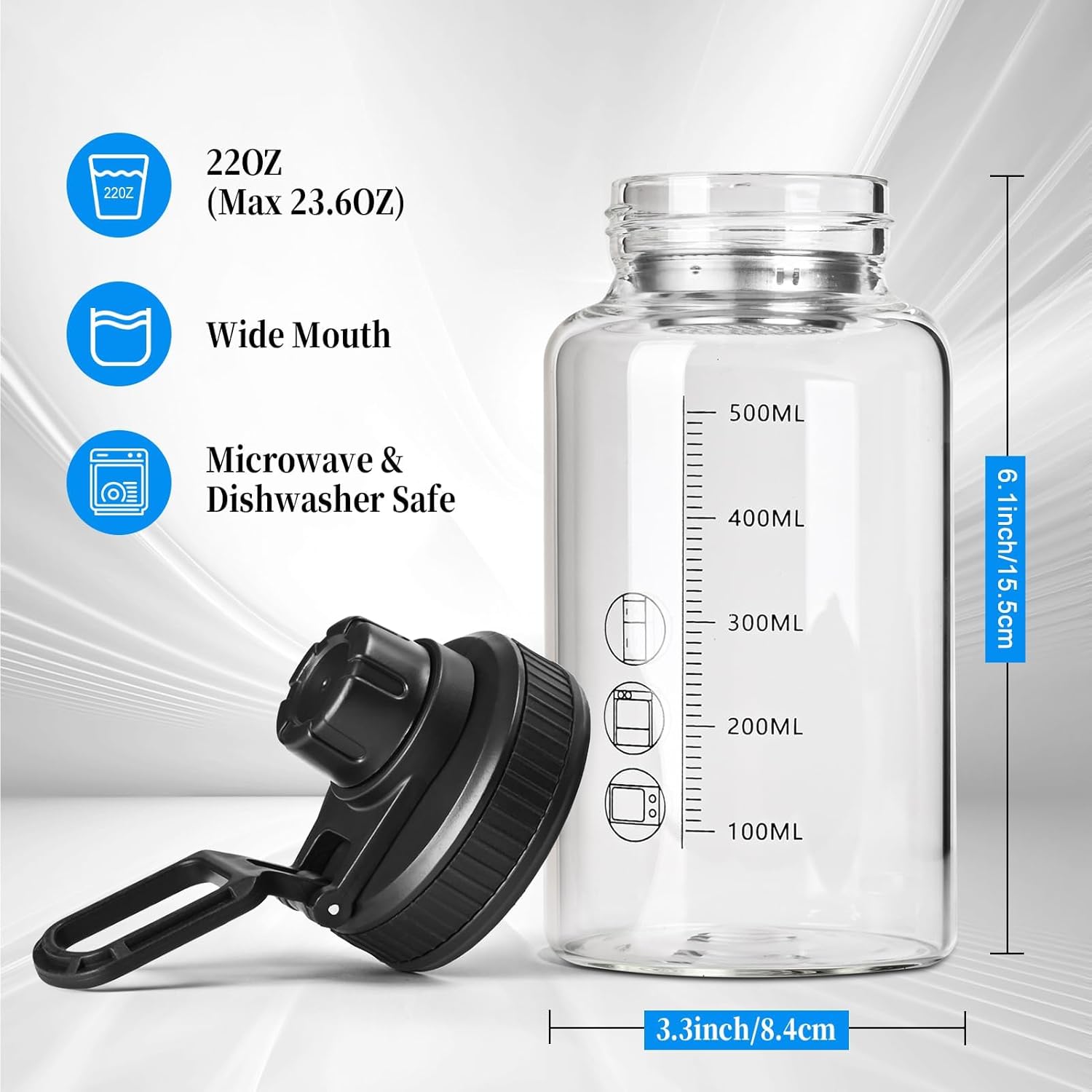 22oz BPA-Free Glass Shaker Bottle with Stainless Steel Ball and Cleaning Brush for Fitness Protein Mixes