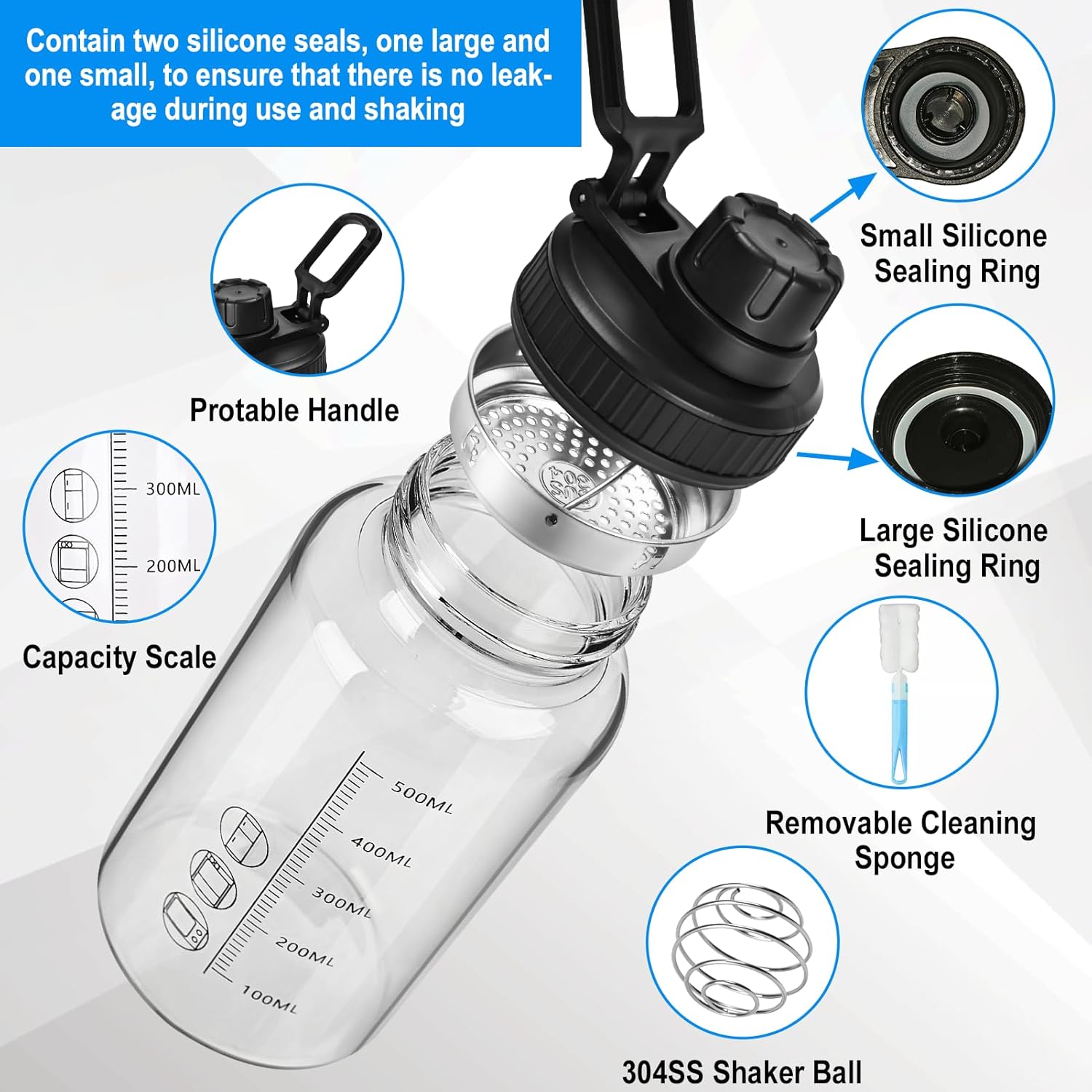 22oz BPA-Free Glass Shaker Bottle with Stainless Steel Ball and Cleaning Brush for Fitness Protein Mixes