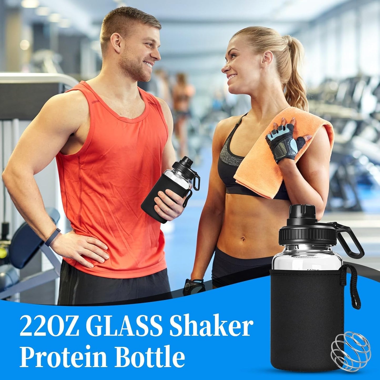 22oz BPA-Free Glass Shaker Bottle with Stainless Steel Ball and Cleaning Brush for Fitness Protein Mixes