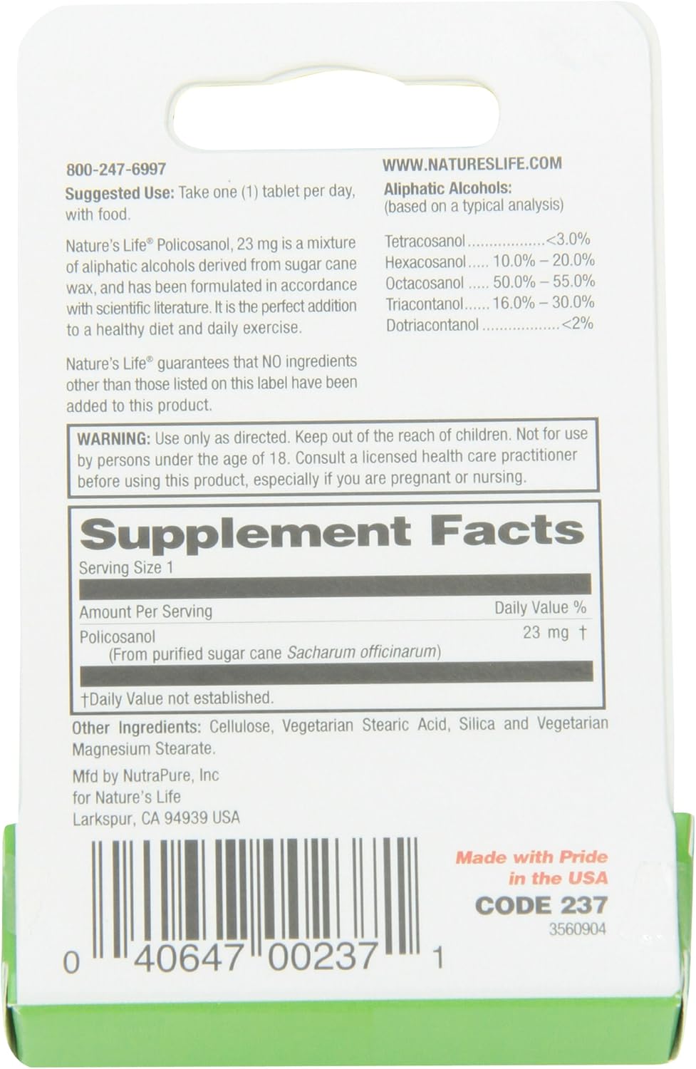 23 mg Policosanol Supplement - 60 Tablets by Nature's Life