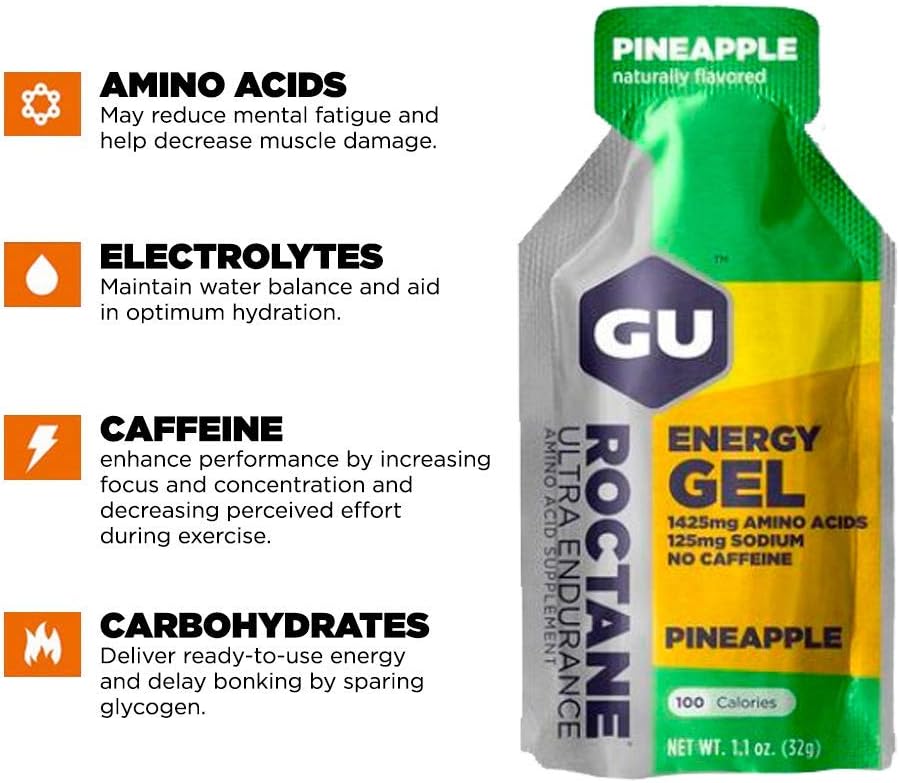 24-Count GU Energy Roctane Ultra Endurance Energy Gel, Vegan, Gluten-Free, Kosher, Dairy-Free Pineapple for Running, Biking, Hiking, Skiing