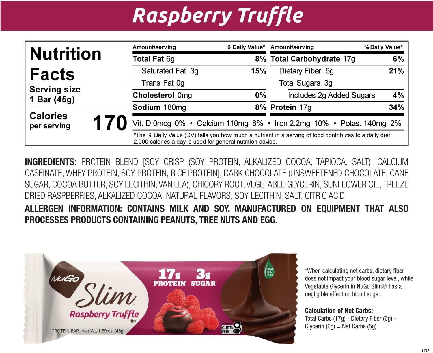 24 Count NuGo Slim Dark Chocolate Raspberry Truffle Bars - High Protein, Low Sugar, Fiber-Rich, Keto & Gluten Free