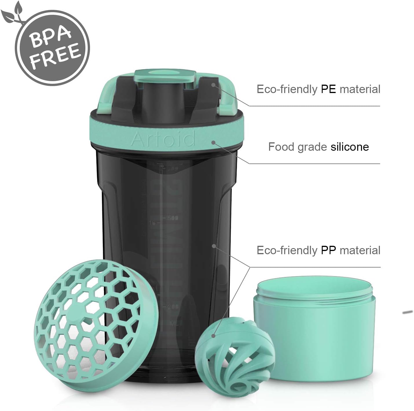 24-Ounce Artoid Mode Protein Shaker Bottle with Dual Mixing Technology - BPA Free - Aqua Green/Black
