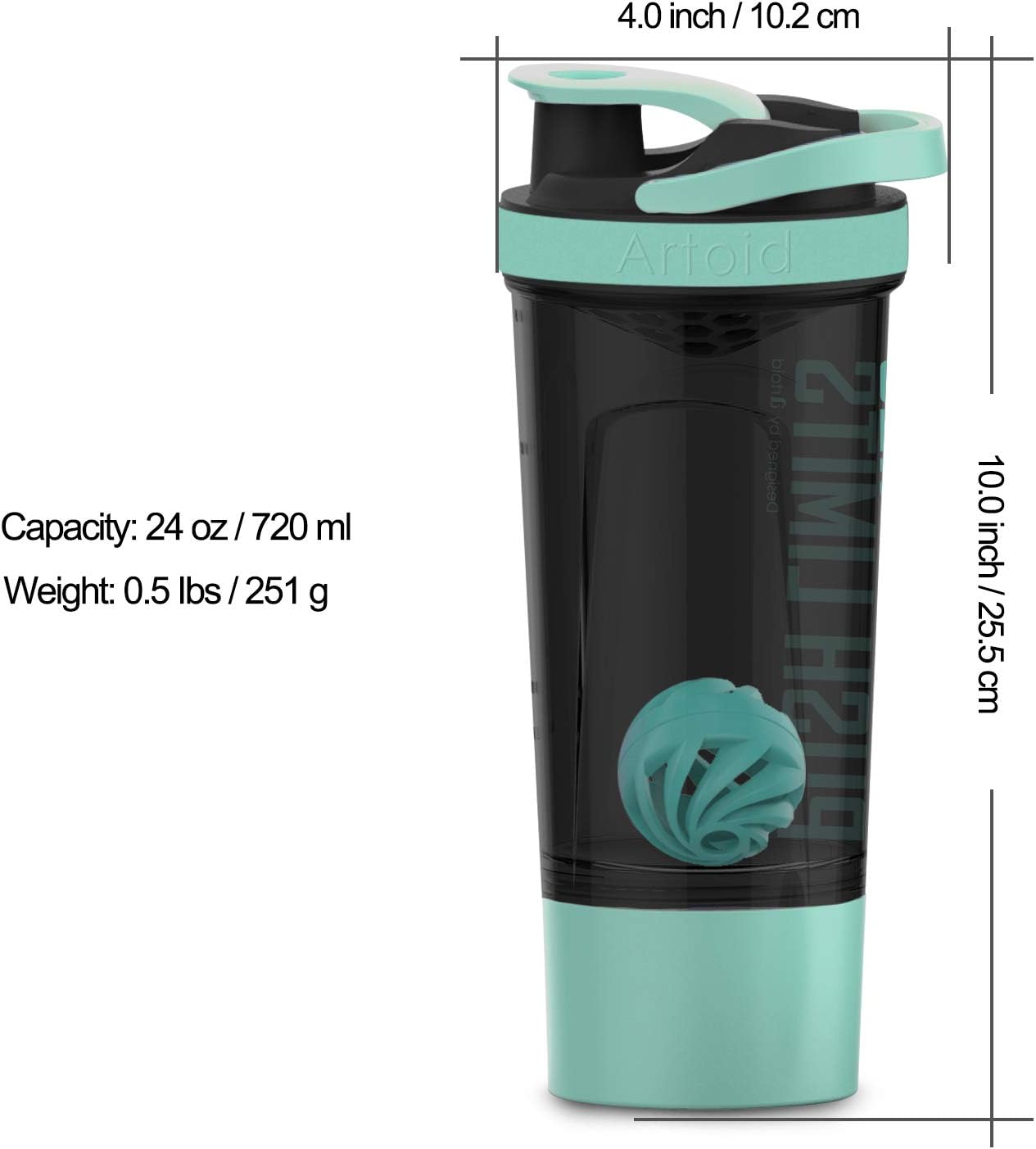 24-Ounce Artoid Mode Protein Shaker Bottle with Dual Mixing Technology - BPA Free - Aqua Green/Black