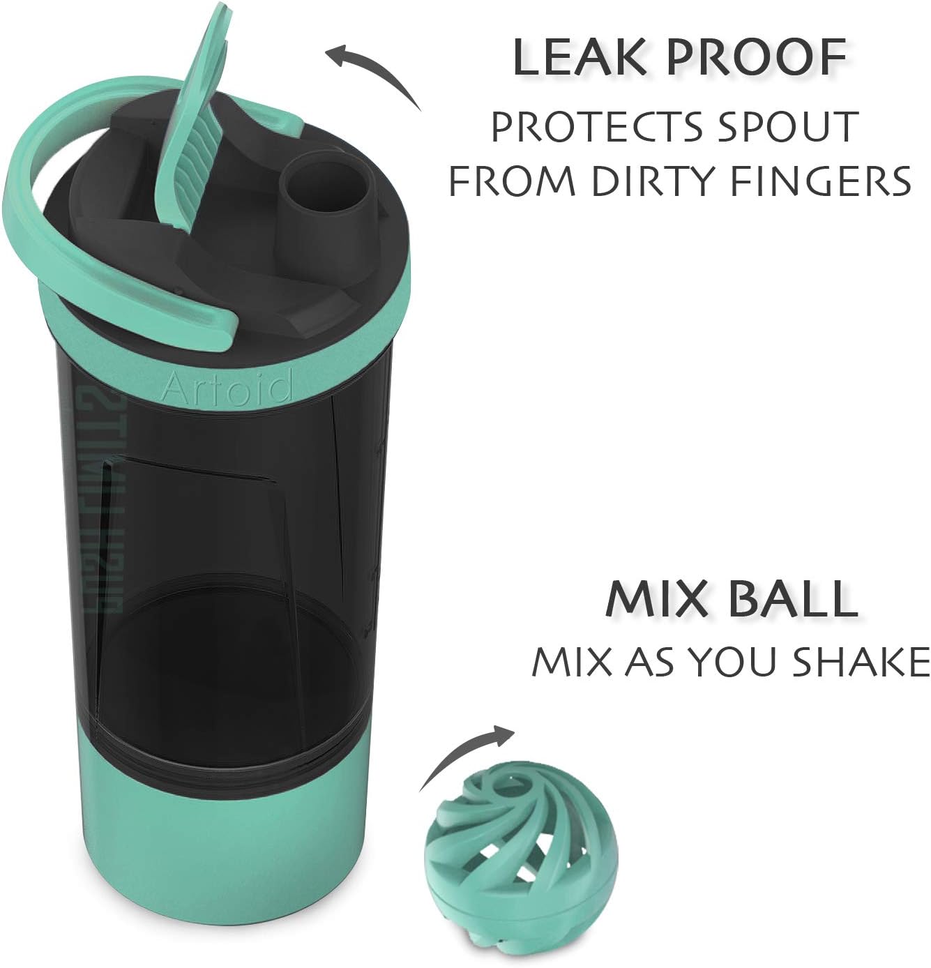 24-Ounce Artoid Mode Protein Shaker Bottle with Dual Mixing Technology - BPA Free - Aqua Green/Black
