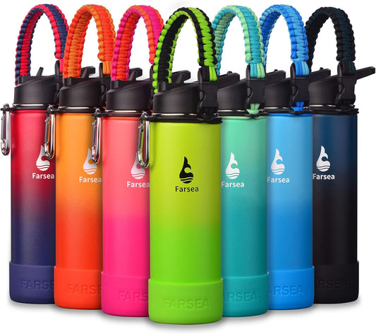 24 oz Farsea Insulated Stainless Steel Water Bottle with Paracord Handle, Silicone Boot, & 2 Lids - BPA-Free Wide Mouth Double Wall, Sweat-Proof