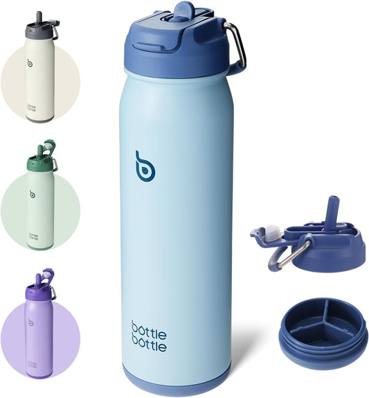 24 oz Stainless Steel Insulated Sports Water Bottle with Straw, Pills Holder, Blue Color - BOTTLE BOTTLE