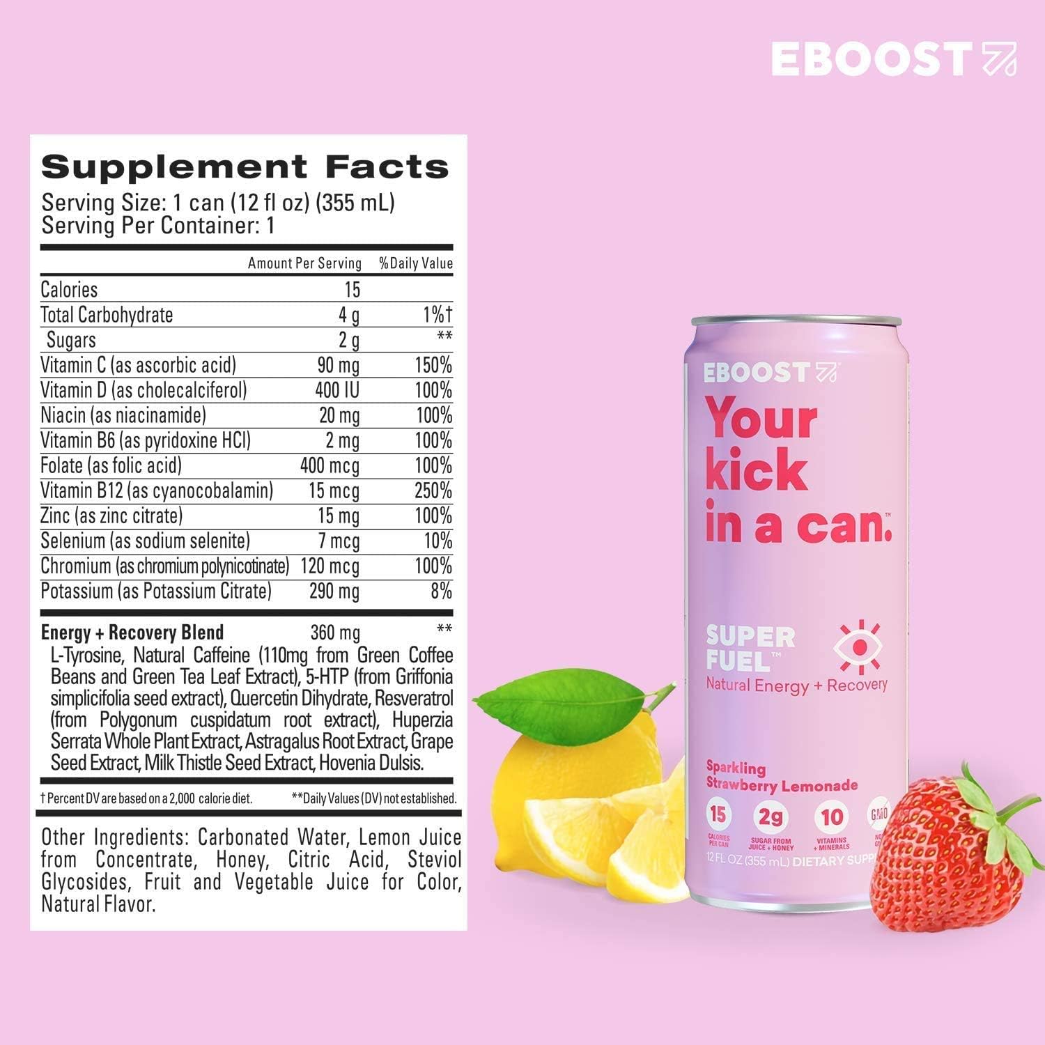 24 Pack Eboost Natural Nootropic Vitamin Keto Super Fuel Energy Drink - Strawberry Lemonade Flavor - 12 Fl oz