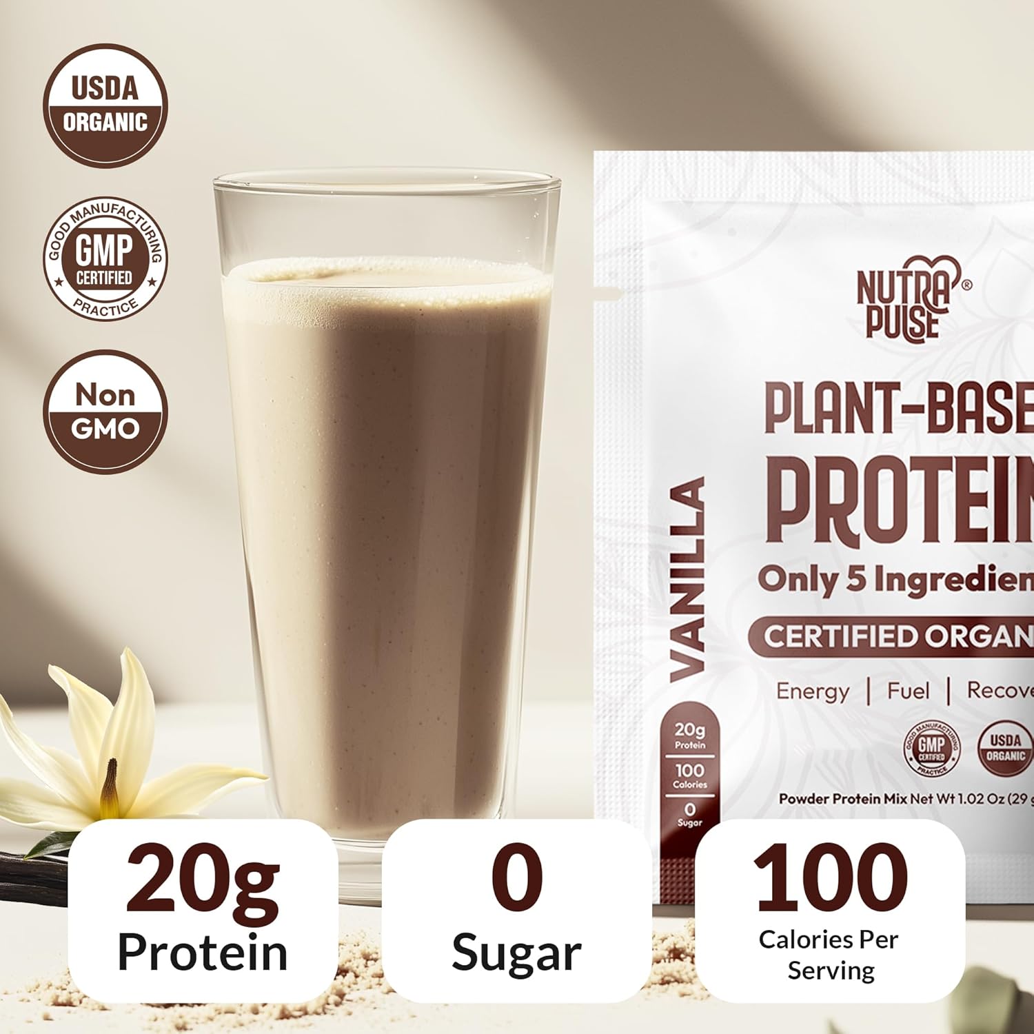 24-Pack NUTRAPULSE Organic Vegan Protein Powder Samples - Plant-Based, Gluten-Free, Non-GMO, 20g Protein/Serving - Vanilla Flavor