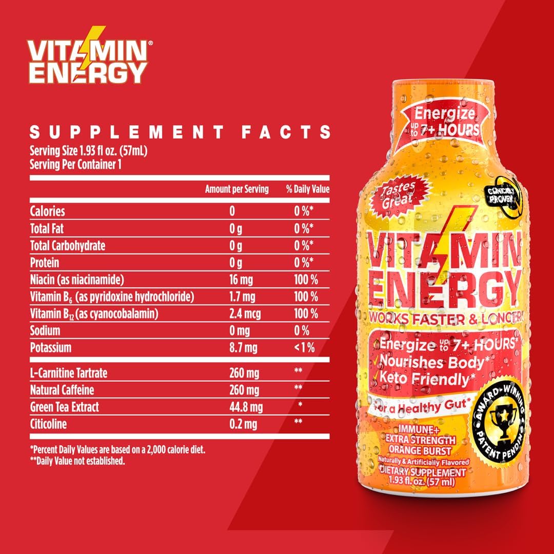 24-Pack Vitamin Energy Extra Strength Orange Burst Energy Drink Shots - Immunity Formula, Natural Nutrients, Sugar & Carb-Free, Up to 7 Hours of Energy
