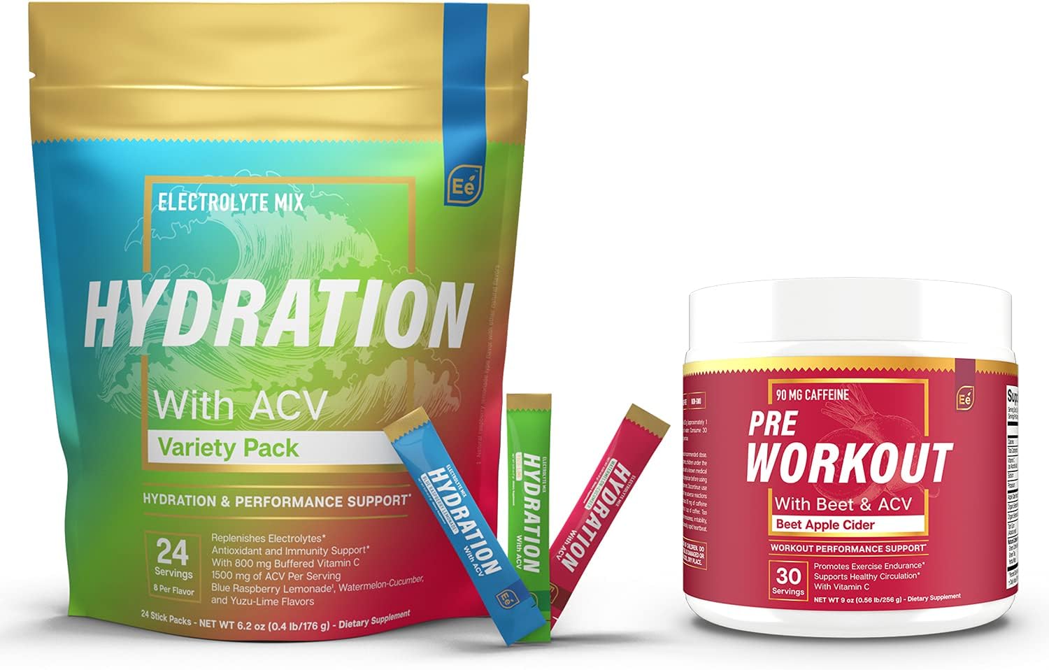 24 Packets Variety Sugar Free Hydration Powder & PreWorkout with ACV | Daily Hydration, Energy Boost, Nitric Oxide & Caffeine