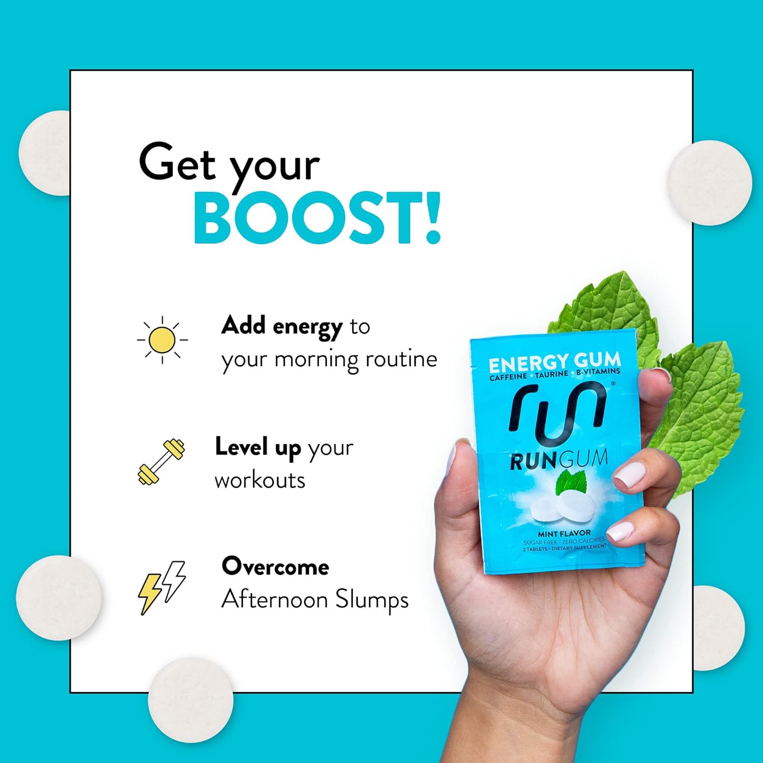 24 Packs of RUN GUM Mint Energy Gum with 50mg Caffeine, Taurine & B-Vitamins - Sugar Free & Zero Calorie - BoostGo Australia