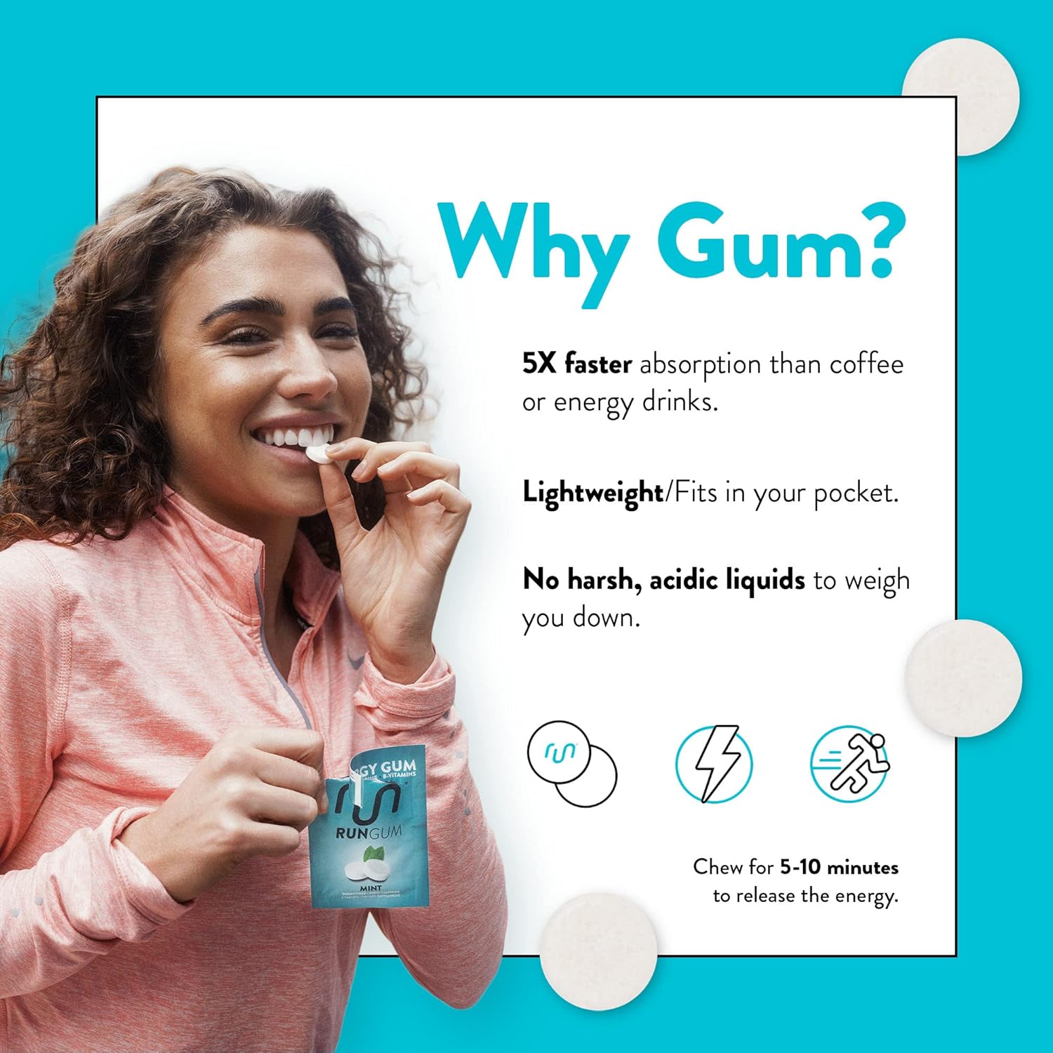24 Packs of RUN GUM Mint Energy Gum with 50mg Caffeine, Taurine & B-Vitamins - Sugar Free & Zero Calorie - BoostGo Australia