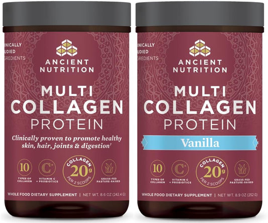 24 Servings Ancient Nutrition Multi Collagen Protein Powder Bundle - Unflavored and Vanilla Flavors