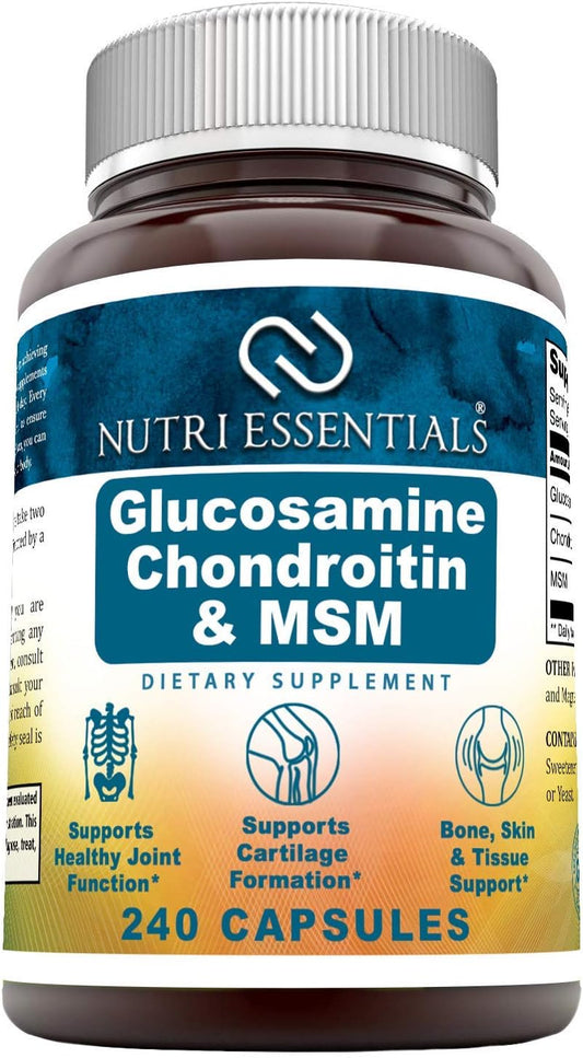 240 Capsules Nutri Essentials Glucosamine Chondroitin MSM - Supports Healthy Joints, Cartilage, and Connective Tissue - Promotes Comfort and Flexibility
