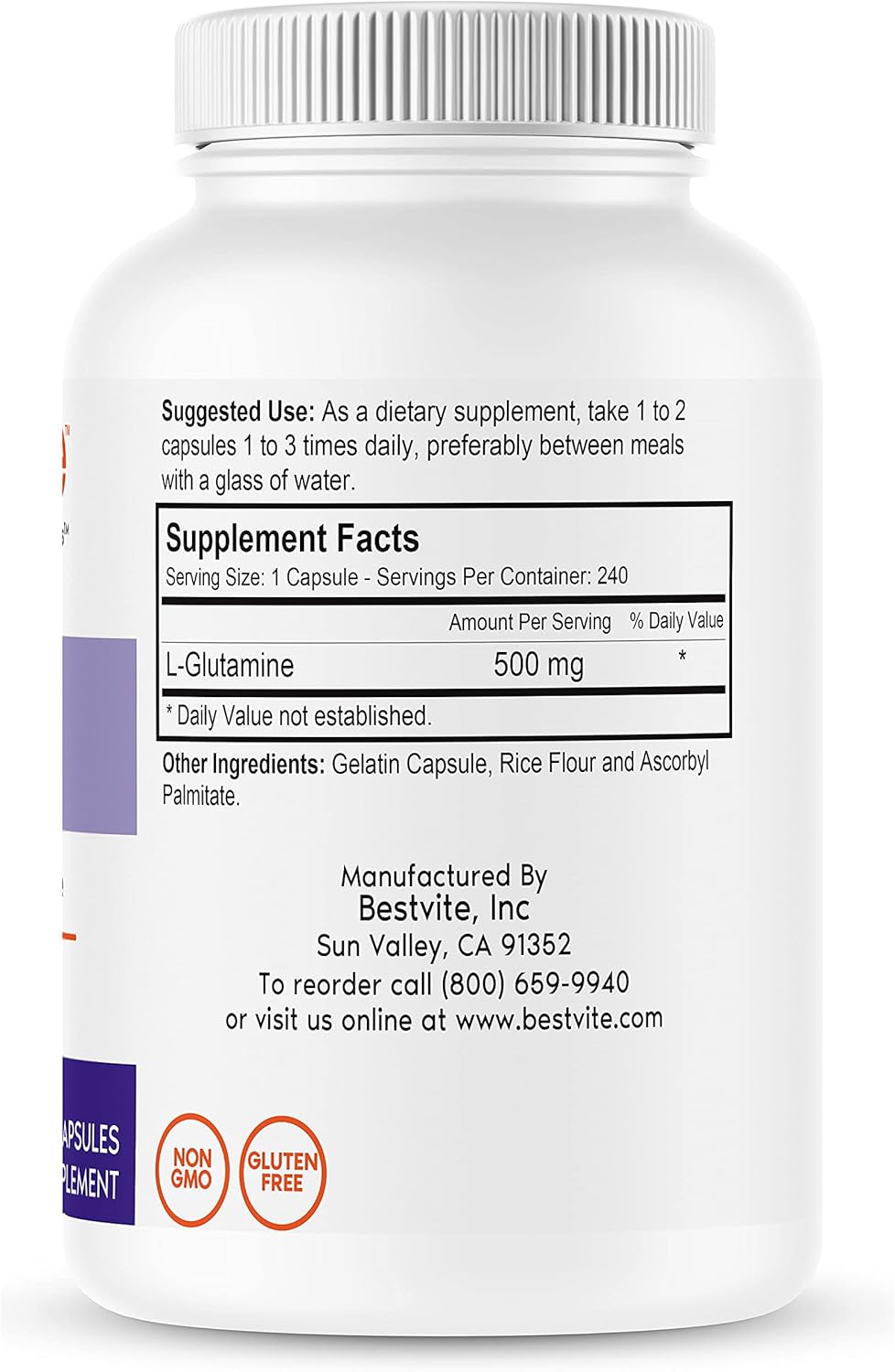 240 Capsules of Bestvite L-Glutamine 500mg - Non GMO, Gluten Free Gut Health Support Formula without Dicalcium Phosphate