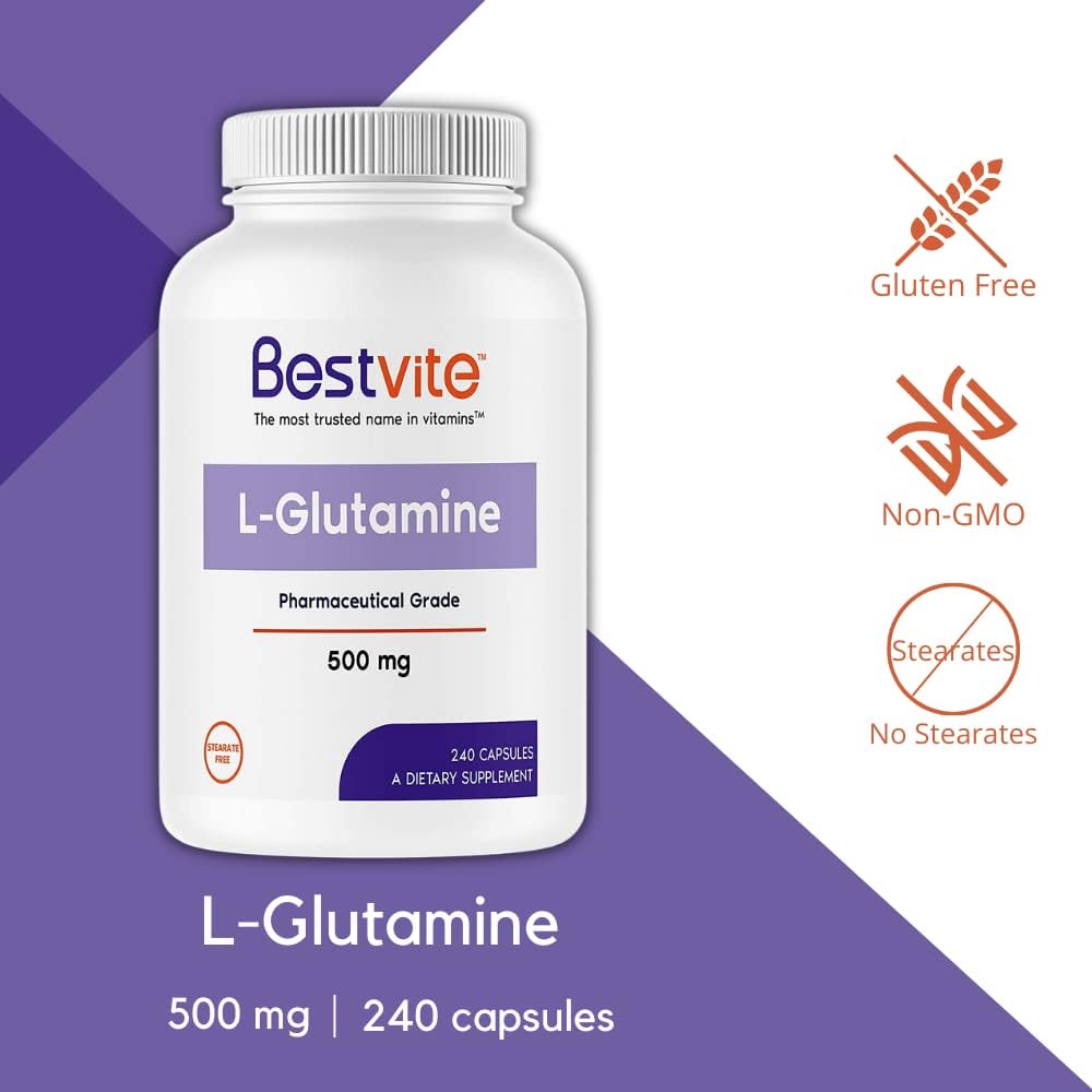 240 Capsules of Bestvite L-Glutamine 500mg - Non GMO, Gluten Free Gut Health Support Formula without Dicalcium Phosphate