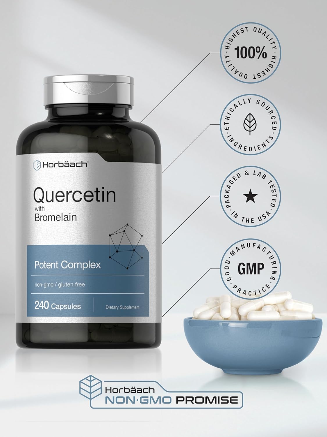 240 Capsules of Horbäach Quercetin with Bromelain Supplement - Non-GMO & Gluten Free