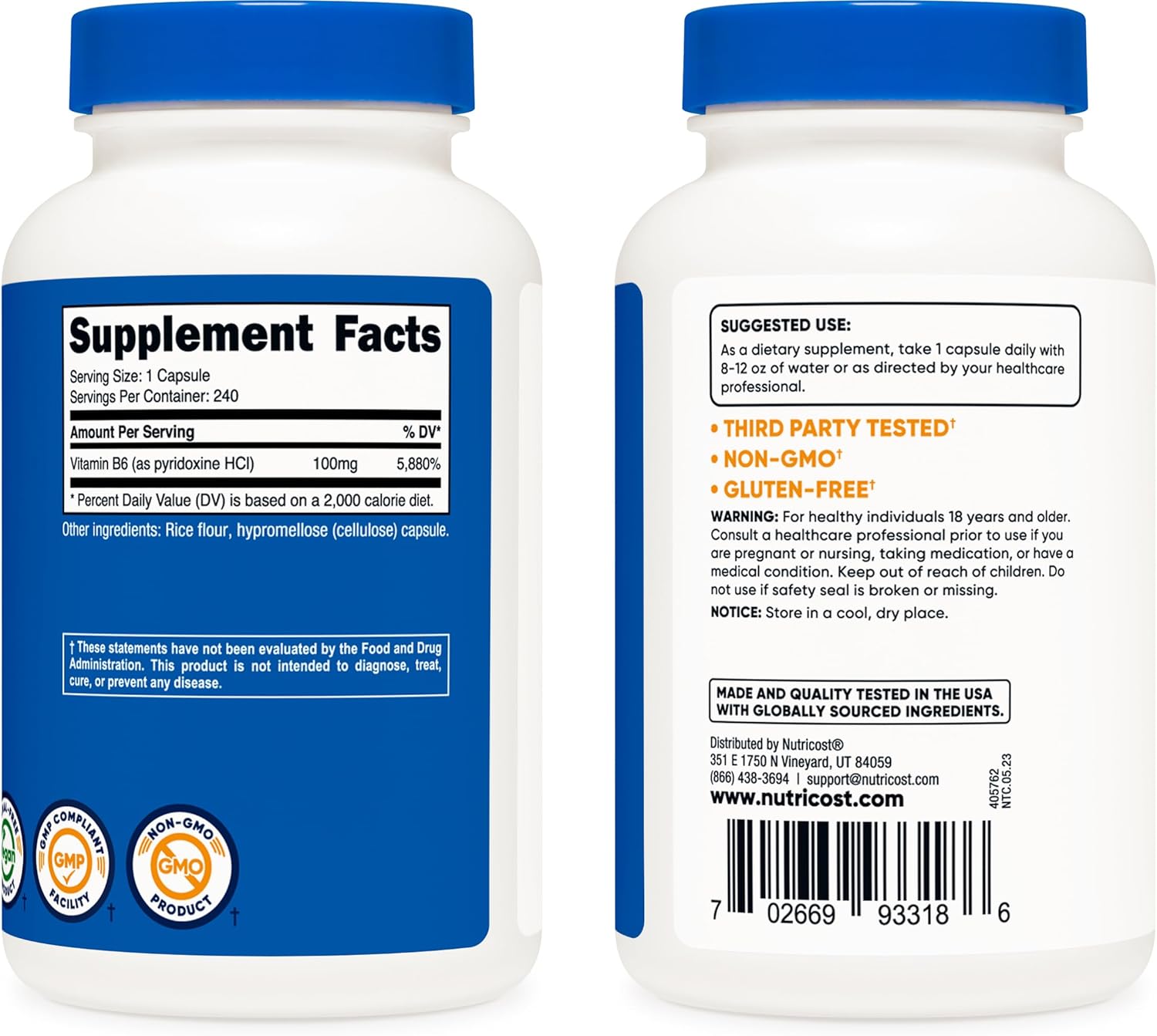240 Capsules of Nutricost Vitamin B6 (Pyridoxine HCl) 100mg - Pack of 3 Bottles - BoostGo Australia
