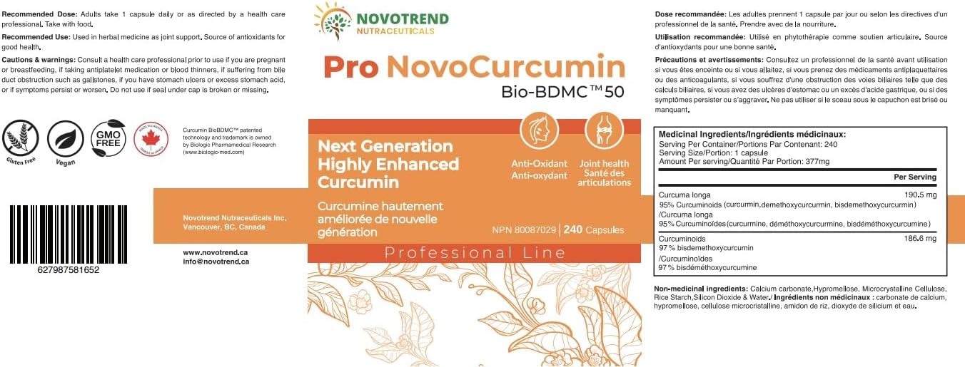 240 Capsules of Pro NovoCurcumin-BioBDMC50: Next Generation Highly Enhanced Curcumin
