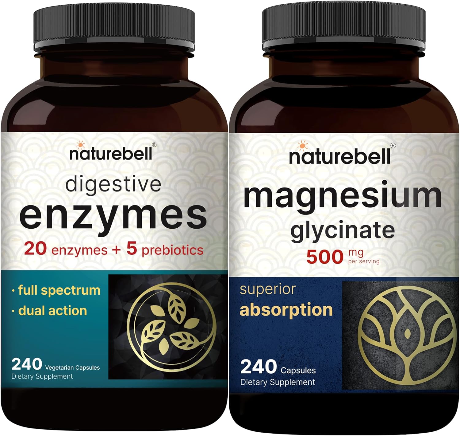240 Count NatureBell Magnesium Glycinate Capsules - 500mg Chelated & Purified with Digestive Enzymes and Prebiotics - 240 Veggie Capsules