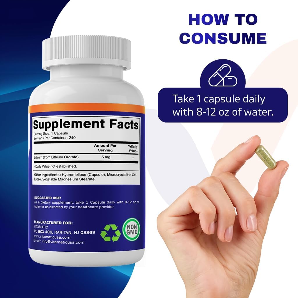 240 Non-GMO, Gluten Free Vitamatic Lithium Orotate 5mg Veggie Capsules