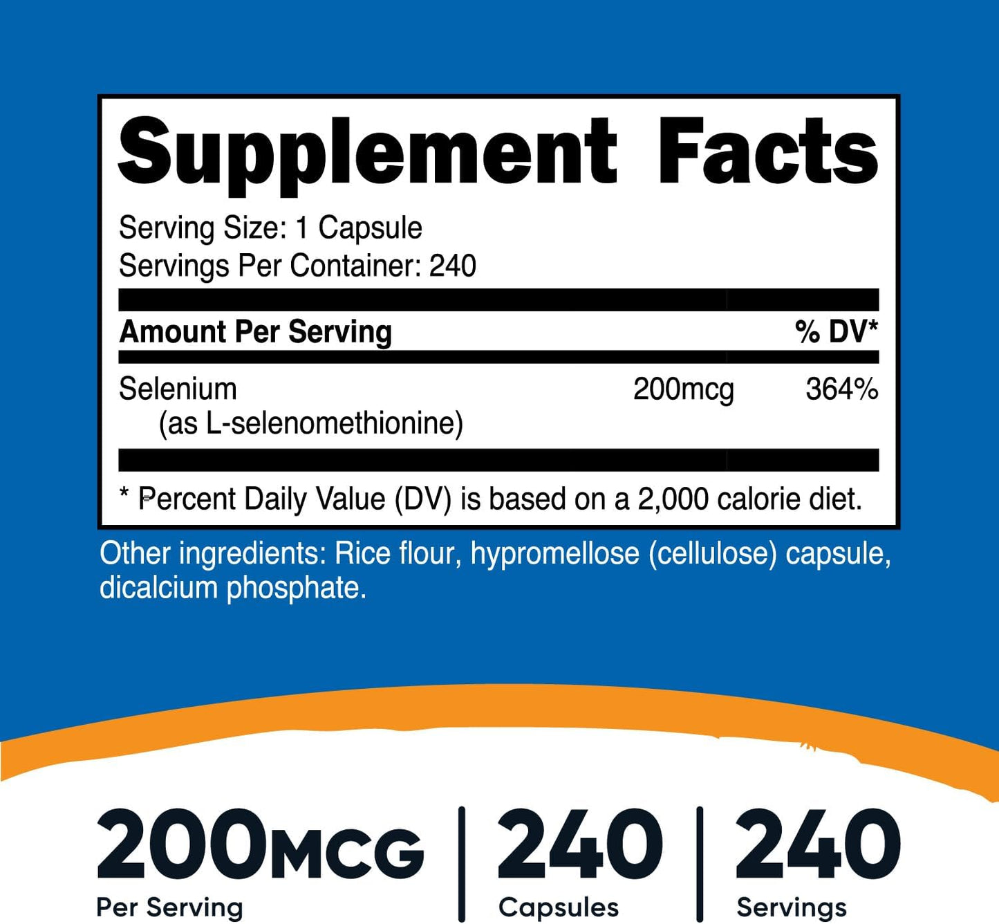 240 Non-GMO Selenium Vegetarian Capsules - 200mcg L-Selenomethionine - Gluten Free by Nutricost