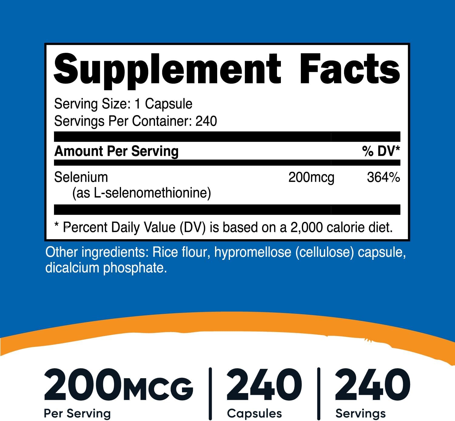 240 Non-GMO Selenium Vegetarian Capsules - 200mcg L-Selenomethionine - Gluten Free by Nutricost