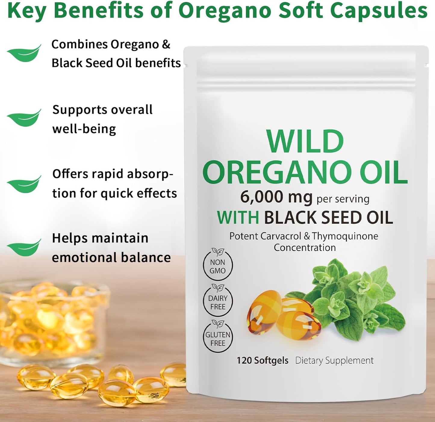 240 Softgels of Daiasns Oregano Oil Capsules with Black Seed Oil - 6,000mg Wild Oregano Oil Blend for Immune & Digestive Support - Gluten Free & Non-GMO - 4X Strength Carvacrol & Thymoquinone