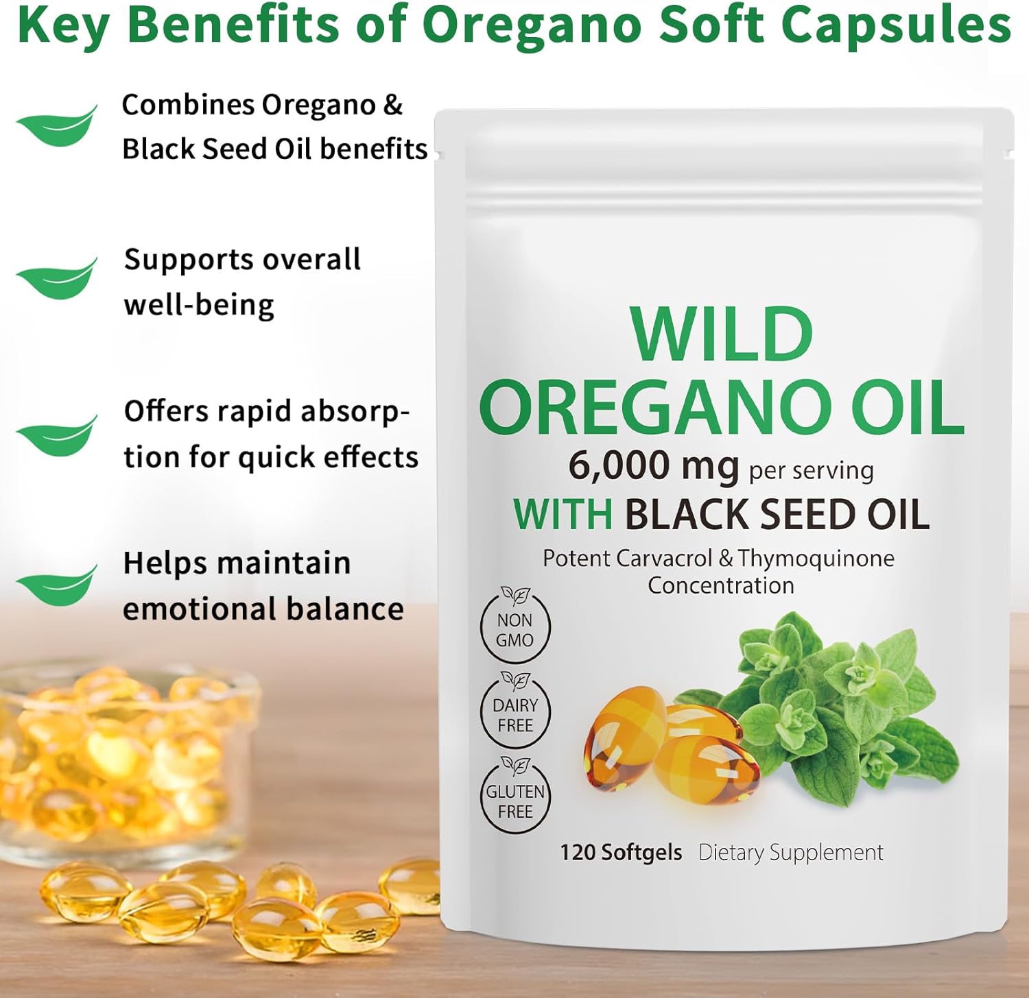 240 Softgels of Daiasns Oregano Oil Capsules with Black Seed Oil - 6,000mg Wild Oregano Oil Blend for Immune & Digestive Support - Gluten Free & Non-GMO - 4X Strength Carvacrol & Thymoquinone