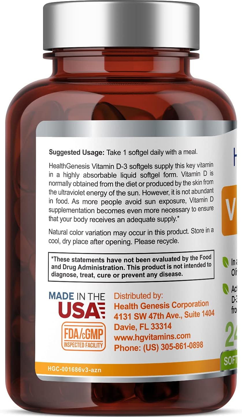 240 Softgels of Health Genesis Vitamin D-3 2000 IU with Extra Virgin Olive Oil - Non-GMO and Soy-Free