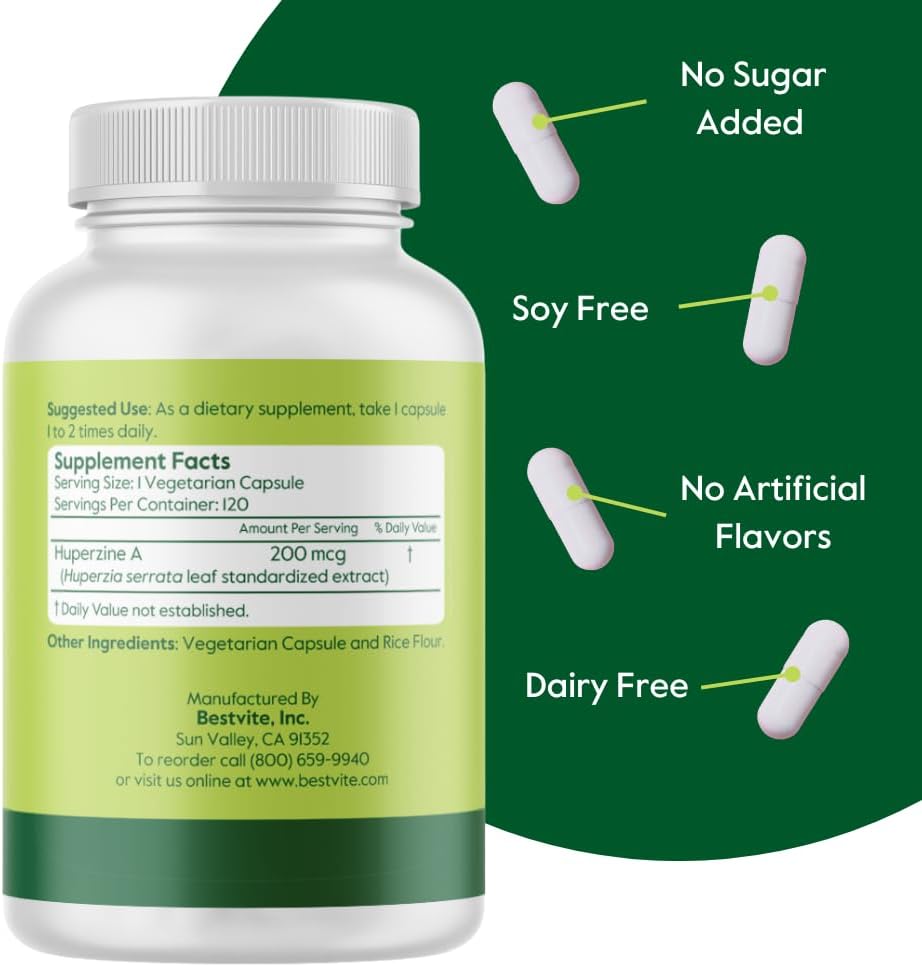 240 Vegetarian Capsules of BESTVITE Huperzine A 200mcg - Vegan, Non GMO, Gluten Free - Double Pack (120 x 2) with No Stearates or Flow Agents