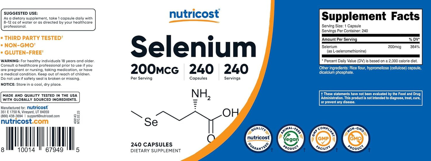 240 Vegetarian Capsules of Nutricost Selenium 200mcg, Non-GMO, Gluten Free L-Selenomethionine Supplement