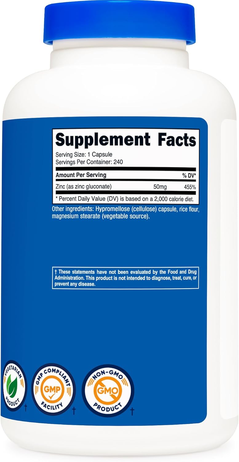 240 Vegetarian Capsules of Nutricost Zinc Gluconate (50mg) - Gluten Free, Non-GMO