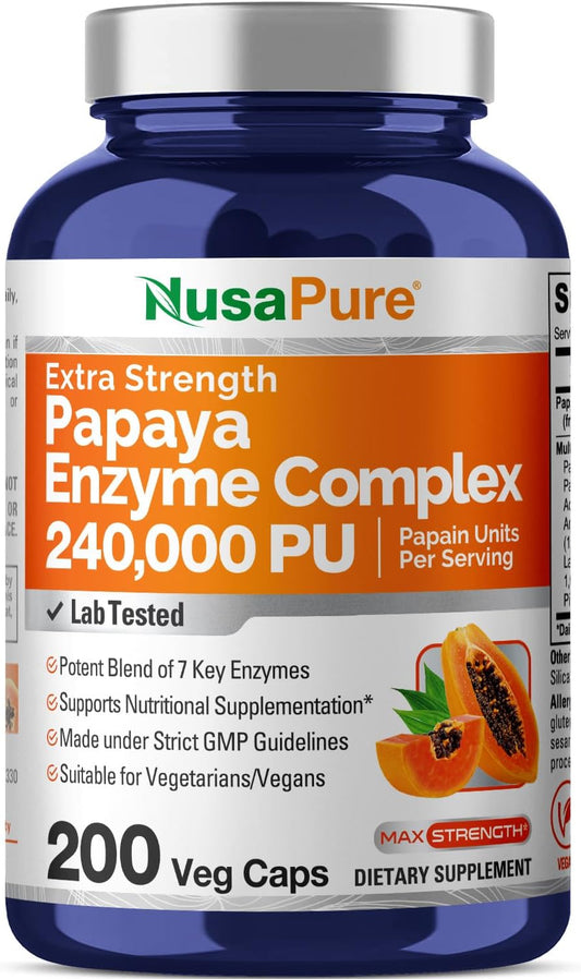240,000 PU Papaya Papain Enzyme Complex - 200 Veggie Capsules - Non-GMO, Vegetarian Formula by NusaPure